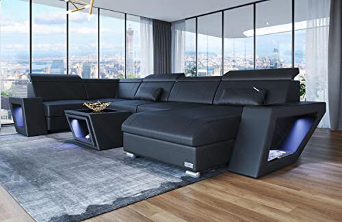 Wohnlandschaft Catania U Form Ledersofa mit Beleuchtung Sofa mit USB-Ports Kopfstützen Couch in Leder (Ottomane rechts, Black)
