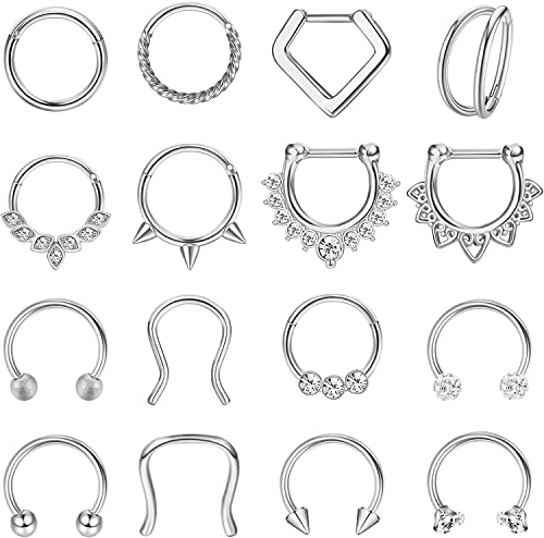 ADRAMATA 16Pcs Septum Rings 16G Black Septum Jewelry Stainless Steel Daith Earrings Nose Rings Hoop CZ Cartilage Helix Tragus Earrings Septum Clicker Piercing Jewelry, S