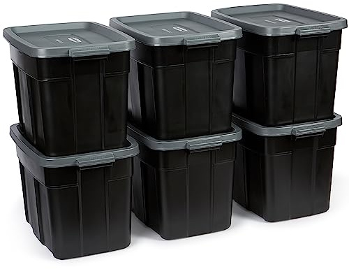 Rubbermaid Roughneck Aufbewahrungsbox, robuster Kunststoff, stapelbare Aufbewahrungsboxen mit Deckel und Griffen, schwarz-grau, 68 l, 6er-Packung