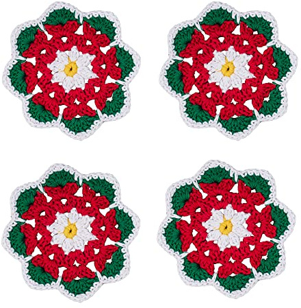 Qxzvzem 4 Pieces 4.3 Inch Christmas Doily Crochet for Crafts, Handmade Small Doilies Cloth Lace Placemats, Cotton Round Coasters