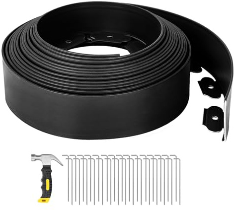 GROWNEER 33FT Landscape Edging Flexible 4 inch Tall Garden Border with 30pcs Galvanized Steel Anchoring Spikes and Hammer Lawn Edging Kit for Flower Bed, Pathway, Landscaping Project, Black