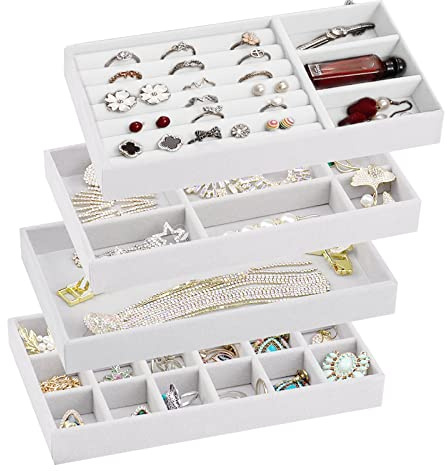 4 Stück Schmuckaufbewahrung Schublade, Stapelbares Schmucktablett, Schmuckkästchen mit Herausnehmbaren Trennwänden und Samtfutter - Schmuck Organizer für Ringe, Halsketten, Ohrringe und Armbänder