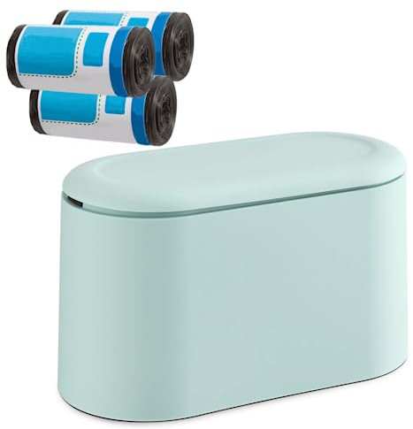 MEETOZ Mini Trash Can with Lid, Small Trash Can, Desk Trash can, Countertop Mini Garbage Cans, Tiny Waste Basket, Free 3 Rolls of Trash Bags (Light Green With Lid)