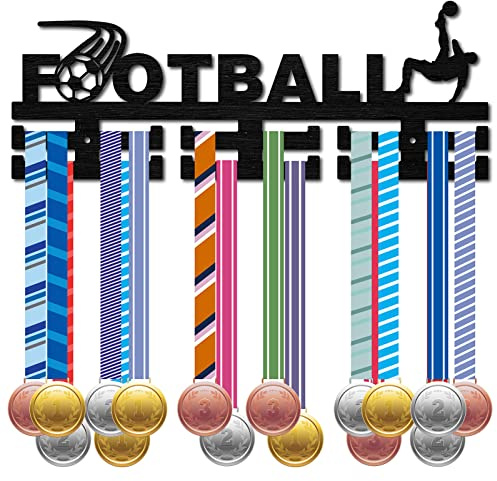 CREATCABIN Fußball-Medaillenhalter Fußball-Sport-Medaillenaufhänger Display-Wandregal Montiert Über 30 Medaillen Holz Für Schwimmen Laufen Gymnastik Athleten Medaillengewinner Schwarz 40x15cm