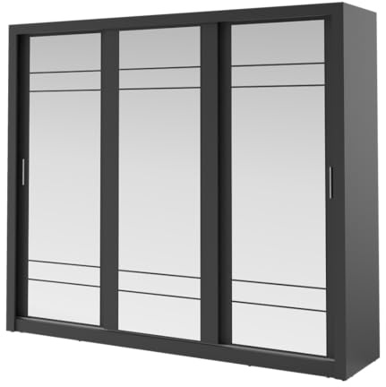 MINIO go for it - Kleiderschrank ERTA 2, mit DREI Spiegeln, 250cm Breit, Schiebetürenschrank mit Kleiderstangen und Einlegeboden, Schlafzimmer Möbel, Farbe: Schwarz