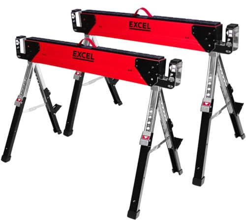 Excel Portable Steel Saw Horse Twin Pack - Heavy-Duty, Adjustable Legs, Built-in Work Table, Carry Handle, Non-Slip Rubber Feet - Versatile Sawhorse Solution, Saw Bench, Workbench