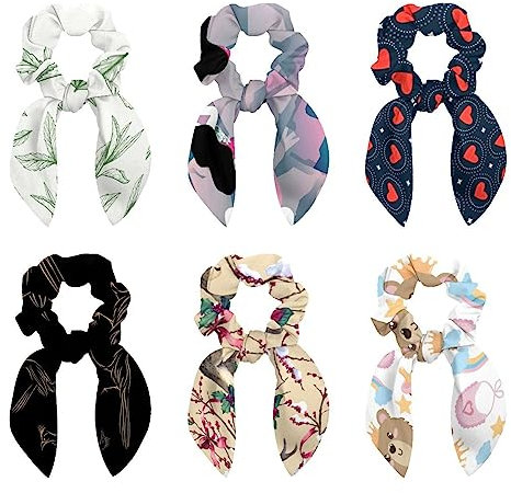 6PCS Cheveux Écharpe Scruncheis pour Femmes Filles, Ruban Arc Élastique Cheveux Cravates Bandes Satin Cheveux Ruban Scrunchy Ponytail Holder Accessoires,Modèle sans couture de palmier nain