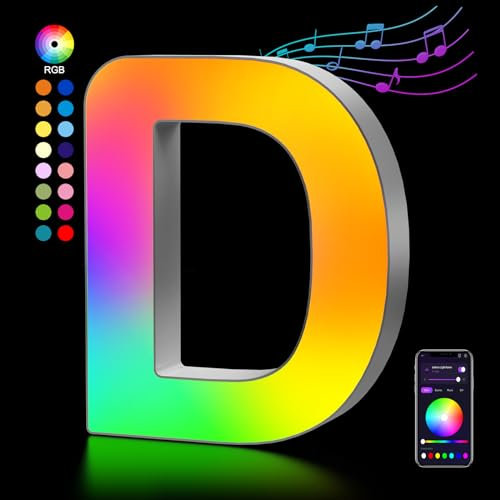 Lettere Luminoso con USB, APP Controllo Luci LED di Lettera Alfabeto, Figura a Cuore con Luce Colorate RGB per Decorazione e Atmosfera, Luci Notturne Scrivania, Compleanni, Matrimoni, Vetrine - D