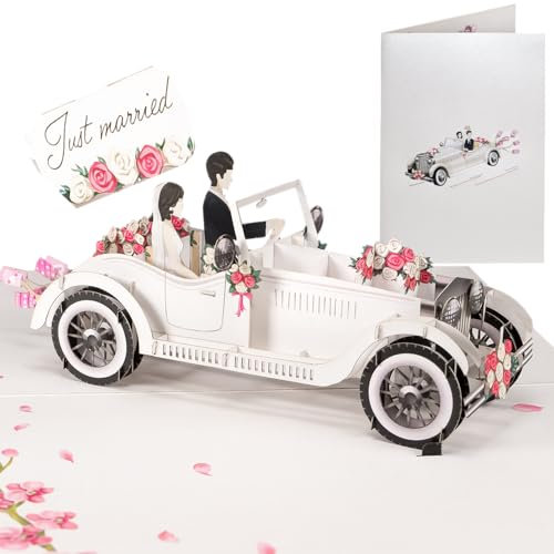 Sweetpopup® Pop Up Karte Hochzeit – 3D Hochzeitskarte mit Hochzeitsauto & Geldgeschenk Verpackung – Glückwunschkarte für Brautpaar, Hochzeitstag, Hochzeitsreise – Edles Metallic Papier, 057