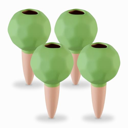Relaxdays Picos de Riego, Set de 4, Globos Autorriego Arcilla, Ø 6 cm, Rellenables, Regar en Vacaciones, Terracota/Verde, Cerámica, 11 x 6 cm