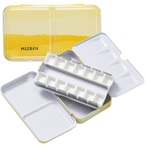 MEEDEN Scatola di Colori Acquerello Vuoto: Scatola Inchiostro Da Viaggio con 14 Mezze Pentole - Scatola Portatile Tavolozza Di Colore Bagnato In Metallo Per Acquerello A Guazzo Studenti-Giallo