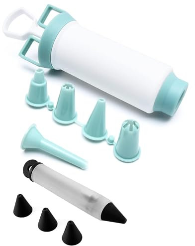 Jeringa Pastelera más Lapiz Decorador de Repostería, Jeringuilla de Plastico Resistente con 4 Boquillas Decorativas y Boligrafo Decorador De Pasteles con 4 Boquillas, Juego de Repostería Profesional
