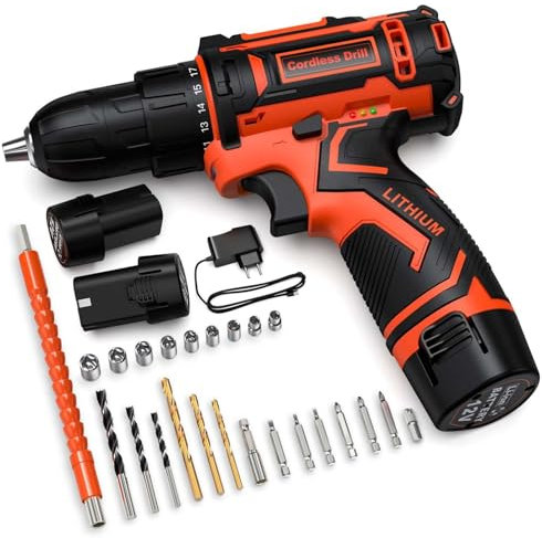 VirtuDrill Trapano Avvitatore Batteria 12V, 2 Batterie 2.0Ah, Max 25Nm, 2 Velocità, 25+1 Impostazione Coppia, LED Luce, 24 Accessori e Valigia, 10mm Mandrino Autoserrante