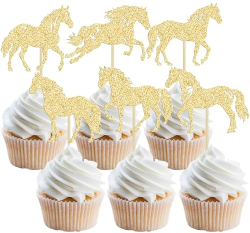Gyufise 24Pcs Horse Cupcake Toppers Glitter Animal Horse Racing Cupcake Picks for Baby Shower Kids Birthday Equestrian Theme Party Cake Decorations Gold