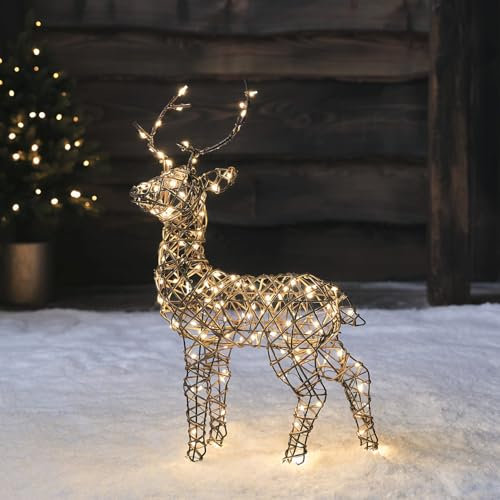 Lights4fun Outdoor Christmas Light Up Rattan Reindeer Stag Figure with 160 Warm White LEDs Garden Decoration Plug In & Timer 56cm