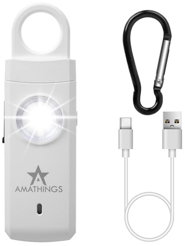 AMATHINGS Alarme de poche pour femme en blanc – Sirène 130 dB LED rechargeable via USB-C, porte-clés avec lumière stroboscopique et indicateur de niveau de batterie pour plus de sécurité, très fort
