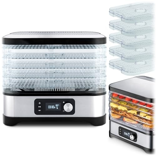 Berdsen Essiccatore a fungo, essiccatore a 5 scomparti, per frutta e verdura, regolatore di temperatura da 35 a 70 gradi, 10 l, con convezione, timer da 24 ore, colore: nero e argento