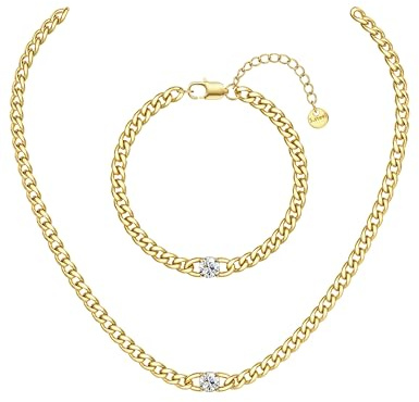 ADRAMATA Collana e Bracciale con Catena Cubana per Donna - Catena in Acciaio Inossidabile Placcati in Oro 14K - Set Gioielli Elegante con Zirconi - Lunghezza Regolabile 40/45/50CM - Regalo per Lei