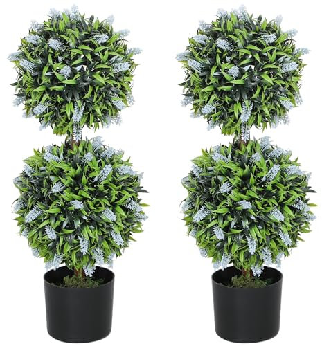 HOMCOM Set of 2 Decorative Artificial Plants Ball Trees with Lavender Flowers in Pot Fake Plants for Home Indoor Outdoor Decor, 70cm, Blue