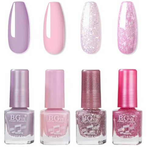 Nail Polish Set - 4Colors Nail Varnish Sets - Quick Dry Glitter Nail Polish - Glossy Pink Glitter Nail Polish Kit - Light Pink Long Lasting Nail Polish - Sparkle Nail Polish Set for Nail Art Manicure