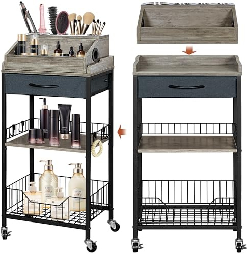 NauwaBarn Makeup Organizer Cart Large, 2-in-1 Beauty Organizer with Wheels & Hair Tool Holder, Makeup Stand with Drawer, Vanity Storage Cosmetics Display Cases for Skin Care Nail Polish Perfume-Black