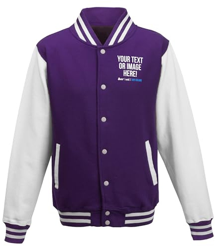 Custom Varsity Jacket Personalised Letterman Retro Style Sportswear Fashion Top with Any Text Image Logo or Team Badge, XXL, Purple/White