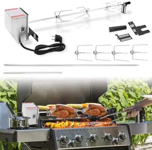 Hebitod Grillspieß Set, Edelstahl Rotisserie mit 4X Fleischnadeln BBQ Fleischklammer, Griffstück, Motor Elektrischer Drehspieß, Automatischer Fleischwender für Grill, Ofen & Camping