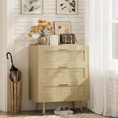 Trironsun 3 Drawer Rattan Dresser for Bedroom Boho Beside Table Chest of Drawers with Metal Handles Spacious Clothes Storage Cabinet End Table for Living Room or Hallway