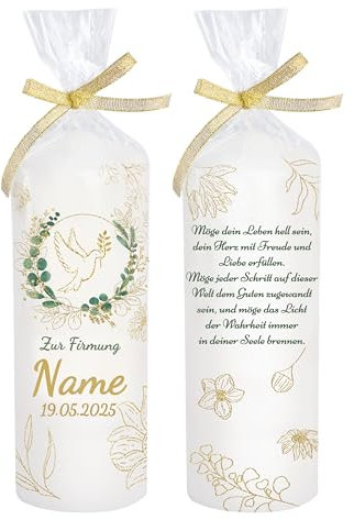 Candle Confirmation Gold Leaves Dove Individual Name and Date Added as Table Decoration Lovely Candle Decoration Table Decoration as a Gift Burning Time 30 Hours Diameter 6.8 x Height 15 cm