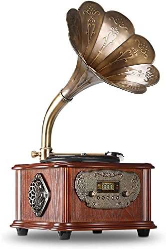 ZJFHEYUO Platine Vinyle rétro Classique, phonographe rétro Gramophone 33/45 TR/Min, Platine Vinyle pour Vinyle avec pavillon en cuivre, Haut-Parleur intégré, entrée auxiliaire 3,5