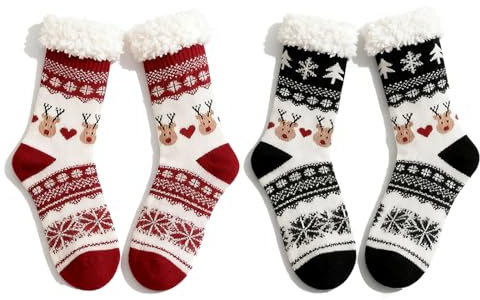 ZoneYan Chaussette de Hiver Chaudes, 2 Paires Chausson Chaussette Femme, Chaussett-e de Noël Antidérapantes, Hiver Chausset-tes Thermiques Polaire Pilou Épaisses