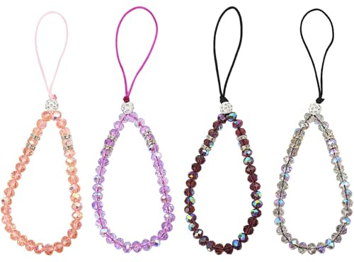 Yeesabella 4 PCS Mobile Phone Charms Cell Lanyards, Sparkling Crystal Bead Phone Lanyards Crystal Beads Charms Bling Phones Straps Keychain for Girls Women pink