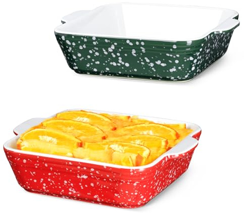 NUTRIUPS Keramik Auflaufform 2er-Set, 15cm eckige Ofenformen für Lasagne & Auflauf, Ofenfest Baking Dish aus Keramik (Rot & Grün)