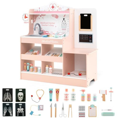 GYMAX Kids Doctor Play Set, Toy Medical Center with Clock, Sink, Eye Chart, ECG Monitor, Exam Area & 24 PCS Accessories, Wooden Pretend Hospital Playset for 3+ Years Old (Pink)