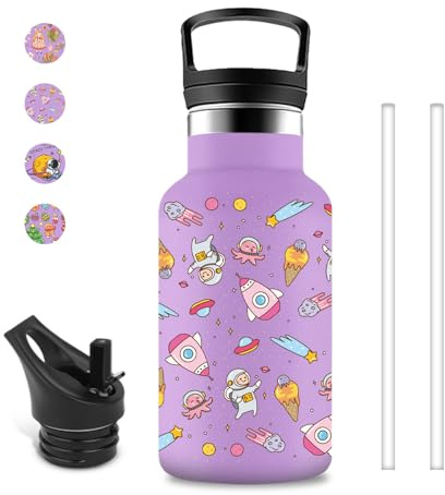 Gourde Enfant, 350ml Gourde Isotherme, Bouteille d'eau Acier Inoxydable, Bouteille avec Paille, Anti Fuite, Peut Être Transporté avec Vous, pour Écoles, Bureaux, Cafés