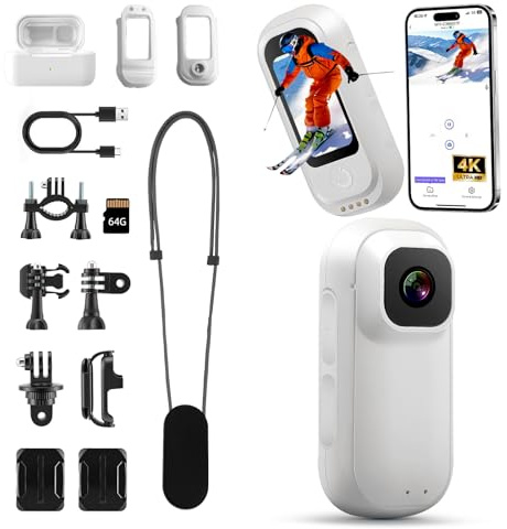 4K Action Cam, Mini Body Cam with 180° Rotating Screen, 30m Waterproof Underwater Camera, WiFi Camera, Vlog&POV Camera, Hands-Free Magnetic Action Camera for Sports Motorcycle Bicycle Riding (White)