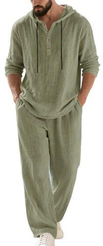 Cotton Linen Tracksuit for Men Uk Summer Casual Beach 2 Piece Outfit Co Ord Set Drawstring Hooded Long Sleeve Henley Tops Wide Leg Elastic Waist Trouser with Pocket Vacation Holiday Gym Workout S-3XL