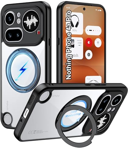 Rojeuinn Cover Protettiva per Nothing Phone 4A Pro 5G, Custodia in PC di Alta Qualità con Cavalletto Girevole a 360° e Ventosa Magnetica, Antigoccia, Antiurto, Anti-Impronte - Trasparente
