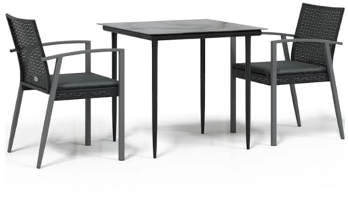 Foknhdi 3-TLG. Gartenmöbel-Set aus Schwarzem Poly-Rattan 80 cm Ecktisch mit 2 Stühlen & Kissen platzsparendes Set Modern für kleine Terrasse und Wintergarten