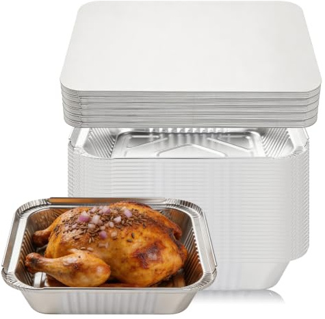 EQULIUS 60 stycken aluminiumskålar med lock: 1 000 ml livsmedelssäker aluminium aluminiumskålar grill, rektangulär form, grillskålar i aluminium, för hem, catering, restaurang (220 x 160 x 50 mm)