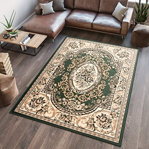 TAPISO Atlas Teppich Grün Beige Kurzflor Traditionell Orient Ornament Mäander Floral Design Bordüre Wohnzimmer Schlafzimmer ÖKOTEX 300 x 400 cm | Wohnzimmer Klassisch Schlafzimmer Traditioneller Teppich für Wohnzimmer Esszimmer OEKO-TEX
