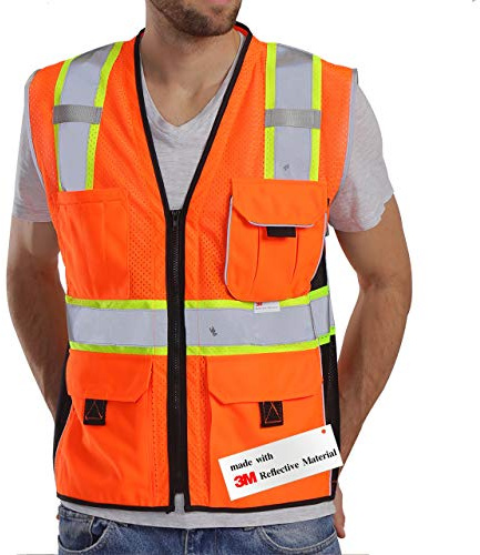 Dib Safety Warnweste, reflektierend, orangefarbenes Netzgewebe, hohe Sichtbarkeit, Weste mit Taschen und Reißverschluss, strapazierfähige Weste mit 3M-Reflektorband, Größe 2XL
