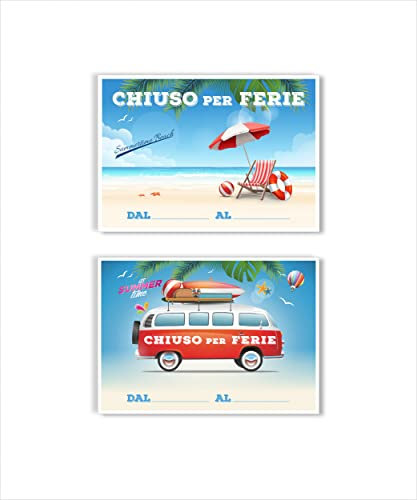 2 Cartelli CHIUSO PER FERIE, informazioni chiusura negozio vacanze, simpatico, creativo, Cartoncino. - Misura: A4 (29,7 x 21 cm)