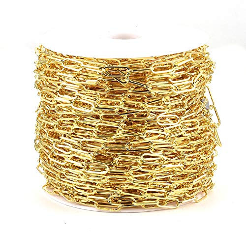 Cheriswelry 25 m Eisen-Büroklammer-Kette, goldenes Kreuzkabel, ungeschweißt, flache, ovale Kreuzkette mit Spule für Schmuck, Armband, Halskette, Basteln, 16 x 7 mm