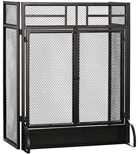 HOMCOM 3-Panel Folding Fireplace Screen with Door, Freestanding Spark Guard, Metal Mesh Fireguard, Black