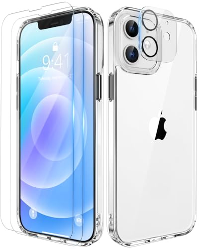 ORETECH für iPhone 12 Hülle mit 2 Schutzfolie, Durchsichtig | Kameraschutz, Militärschutz Stoßfeste Kratzfeste Transparent Rückseite Handyhülle für iPhone 12