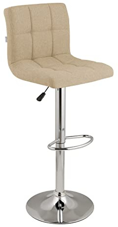 Baroni Home Sgabello da Bar o Cucina in Tessuto Imbottito, Regolabile e Girevole a 360°, con Schienale e Poggiapiedi, Struttura in Acciaio Cromato, 1 Pezzo, Beige