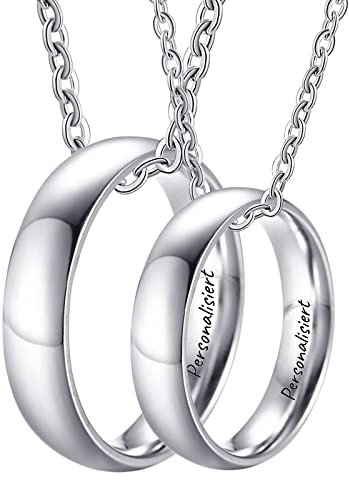 KnSam 2er Partner Kette Anhänger Edelstahl, Silber Partner Ketten Jungs mit Ring Anhänger 5MM Poliert für Damen Herren, Frau 50cm Mann 60cm, Größe Damen 54 Herren 62
