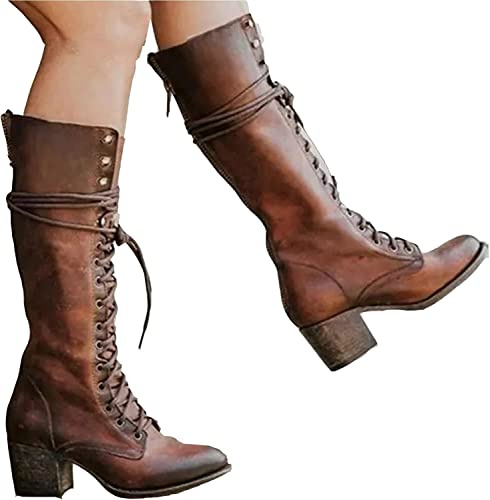 Renaissance Mittelalter Cosplay Stiefel - PU Leder Stiefel High Heels Schuhe - Mittelalter Mittelwadenstiefel Knielang Schnürschuhe Festival Larp Schuhe für Cosplay (Braun41)
