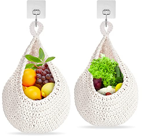 Hanging Fruit Basket, 2 PCS Hanging Wall Basket Teardrop Hanging Baskets, Hand Woven Wall Mounted Vegetable and Fruit Basket, Plant Woven Storage Basket for Kitchen Decoration, Living Room, Porch